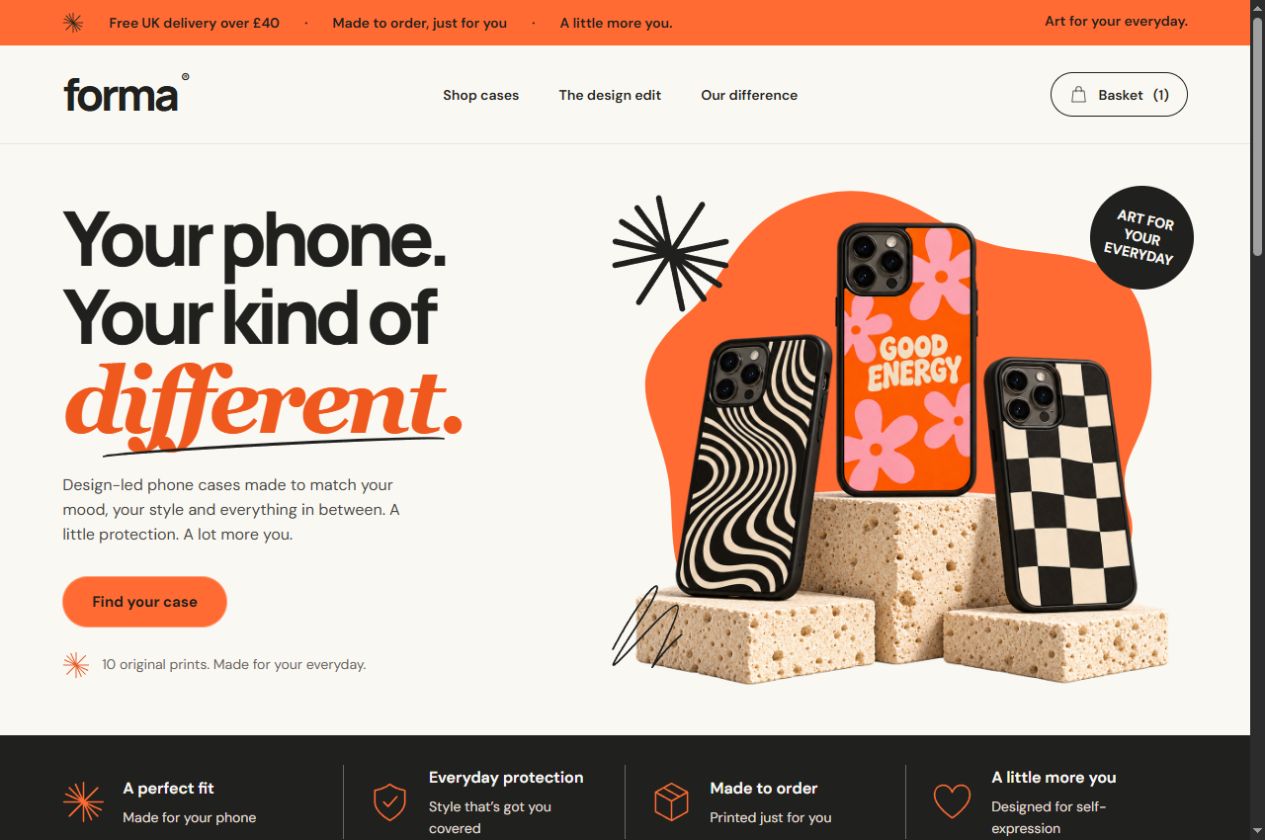 Forma homepage showing its headline, patterned phone cases and product customisation link